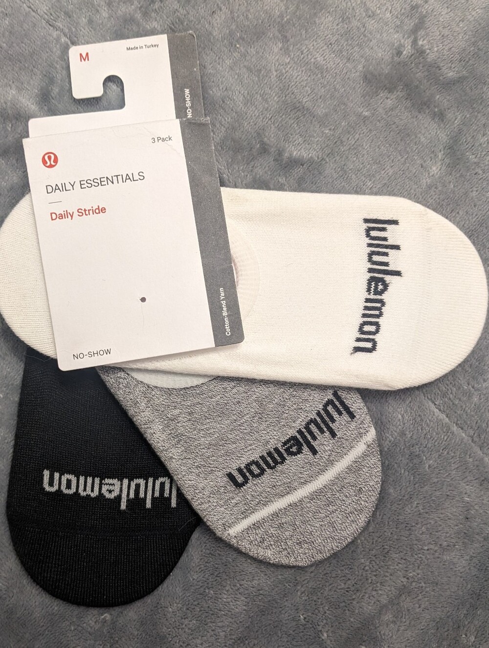 NWT lululemon Daily Essentials No-Show Sock 3-Pack - White, Gray, Black Sz Med-R